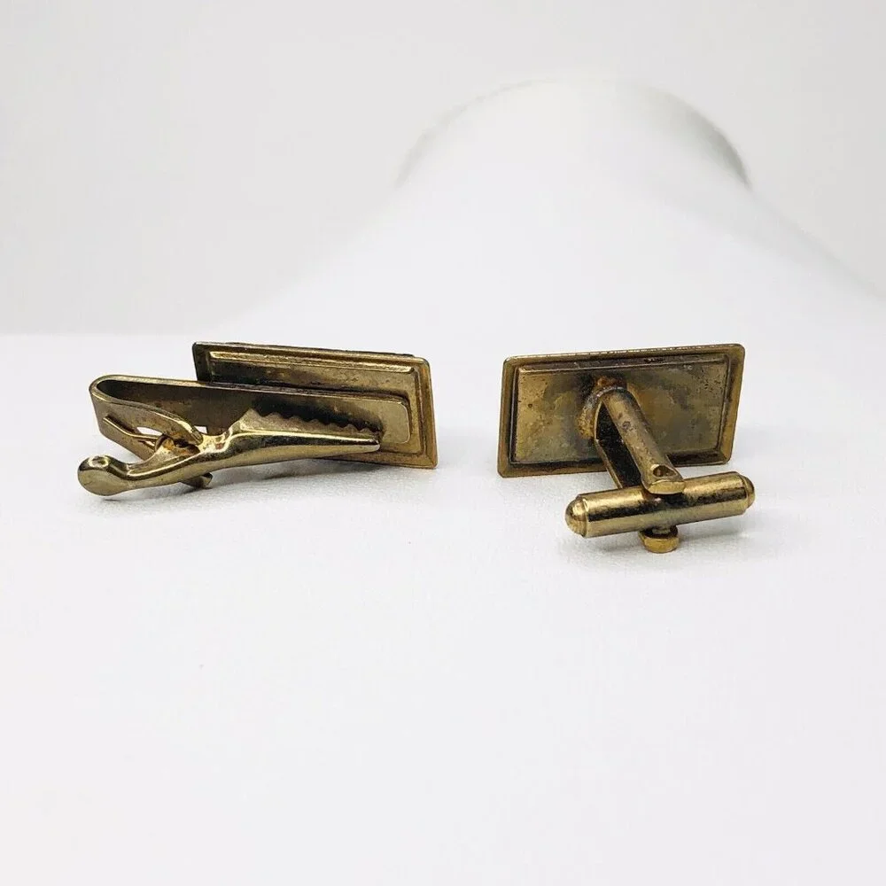 Vtg Men JONY Tie Clip & Cufflink Black Gold tone Wedding Groom Gift Rectangle
